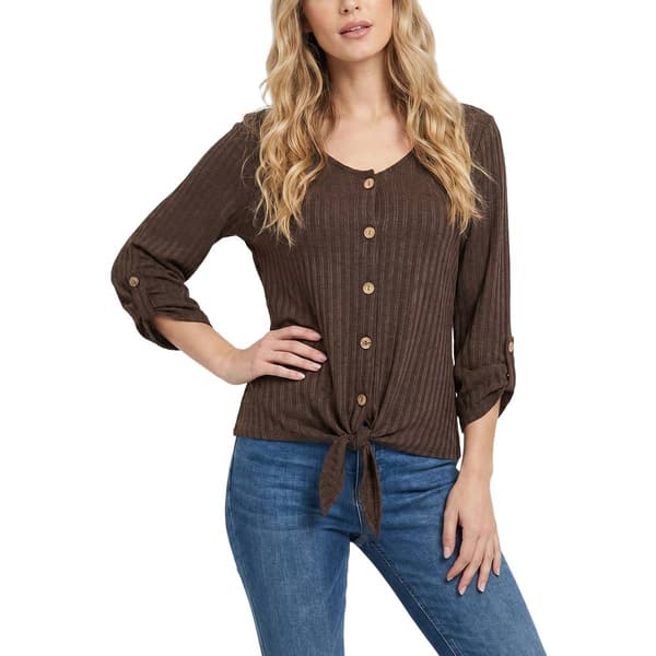 Womens NY Collection 3/4 Sleeve Knit Button Down Tie Front Blouse - image 