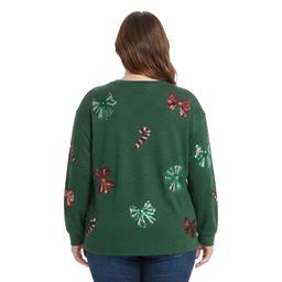 Plus Size Tru Self Long Sleeve Candy Cane Bow Sequin Sweater