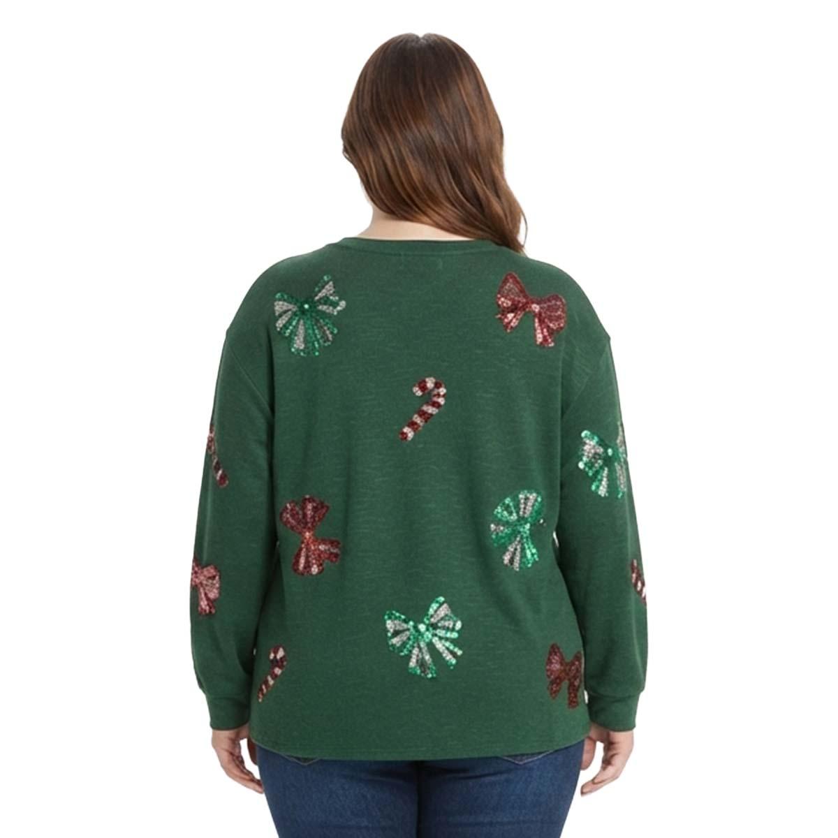 Plus Size Tru Self Long Sleeve Candy Cane Bow Sequin Sweater
