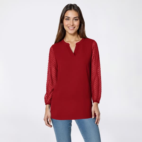 Womens Kasper Long Embellished Dot Sleeve Split Neck Blouse