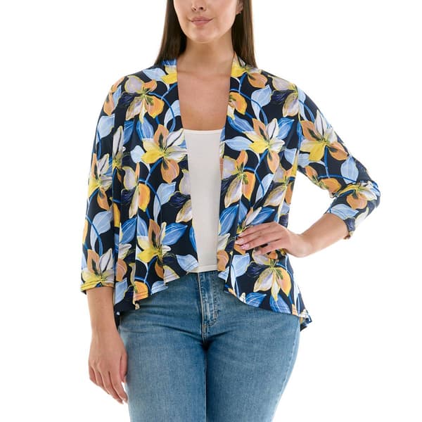 Plus Size Zac & Rachel 3/4 Sleeve Navy Floral Open Front Cardigan