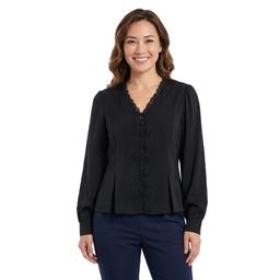 Womens Adrianna Papell Long Sleeve V-Neck Lace Trim Silk Blouse