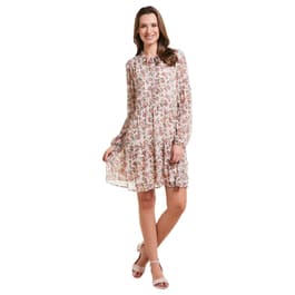 Womens Luxology Long Sleeve Floral Chiffon Tie Neck Shift Dress