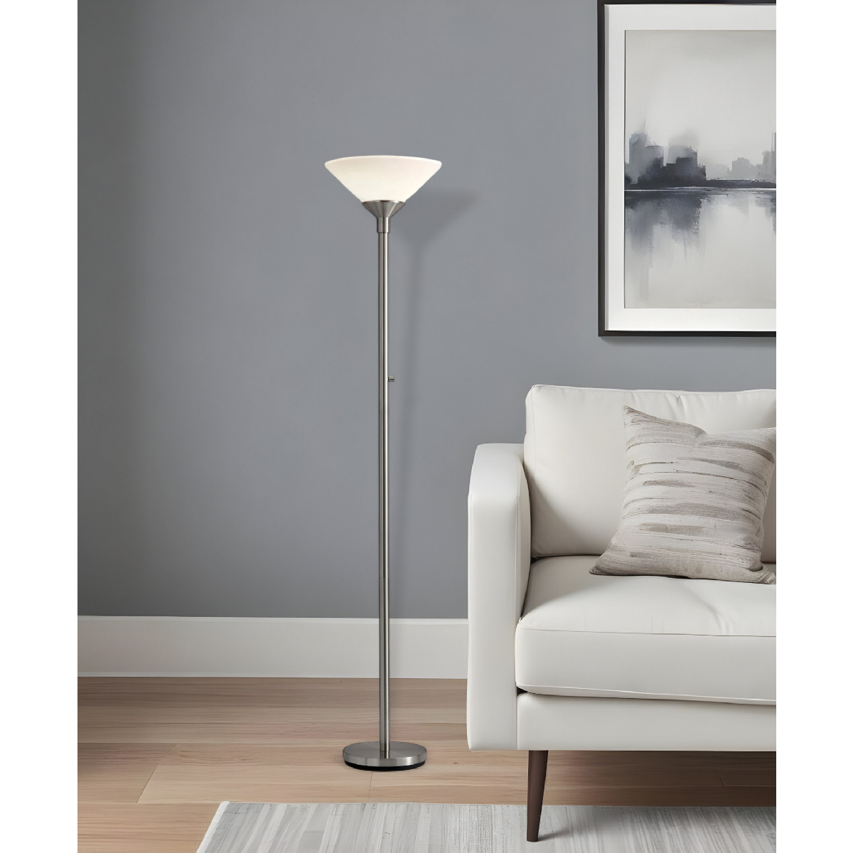 HomeRoots 73in. Silver Torchiere Floor Lamp With Cone Shade