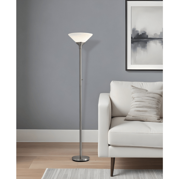 HomeRoots 73in. Silver Torchiere Floor Lamp With Cone Shade