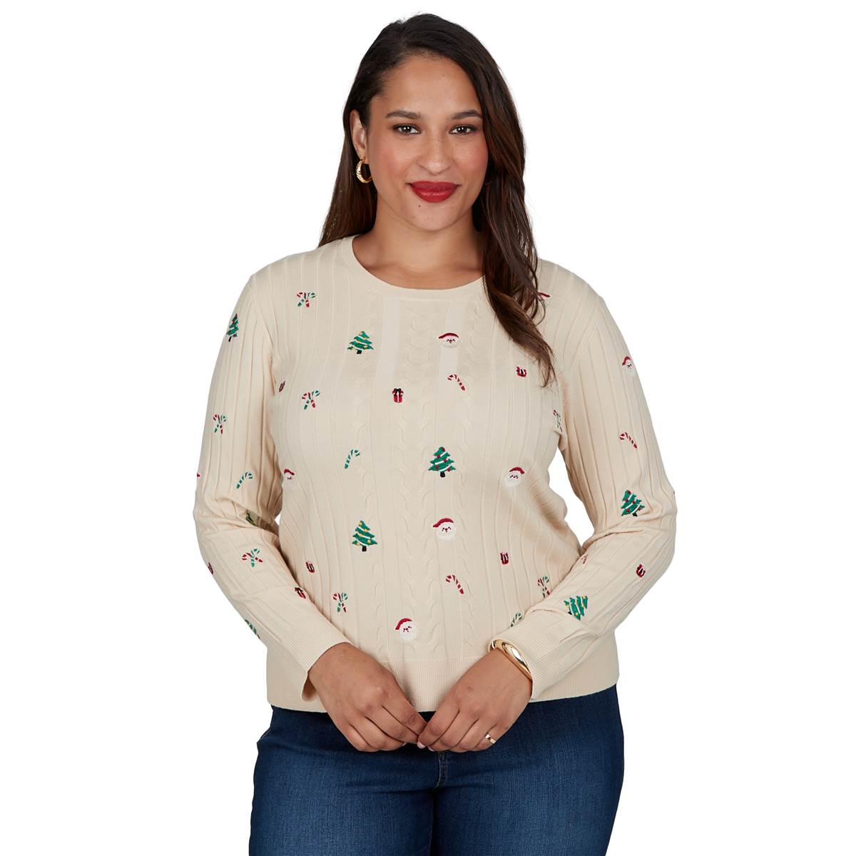 Plus Size Ruby Rd. Happy Holidays Embroidered Christmas Sweater