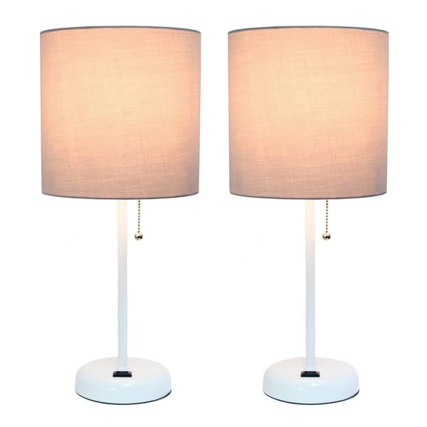LimeLights White Stick Lamp w/Charging Outlet/Grey Shade-Set of 2