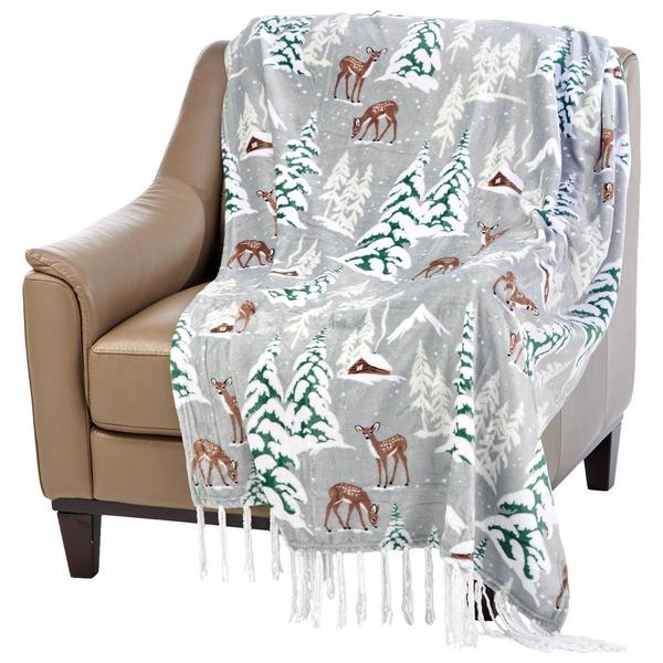 Mountain Ridge Snowy Scene Fringe Popcorn Throw