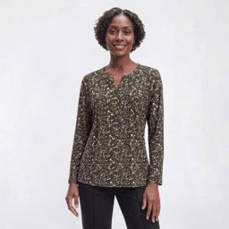 Womens Napa Valley 3/4 Sleeve Floral Pleat Split Neck Blouse