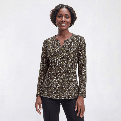 Petite Napa Valley 3/4 Sleeve Floral Pleat Split Neck Blouse - image 