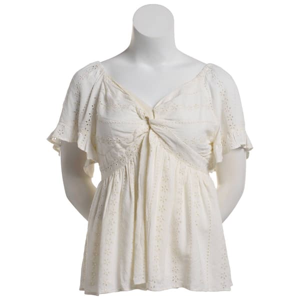 Juniors Plus Angie Solid Twist Front Eyelet Babydoll Blouse
