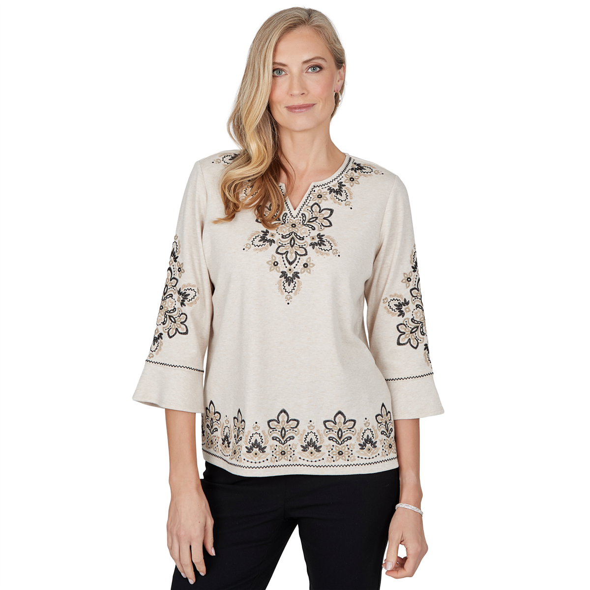 Womens Alfred Dunner Cityscape 3/4 Sleeve Embroidered Blouse