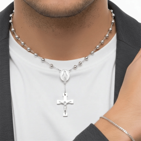 Mens Iron Saints Stainless Steel Rosary with Cross & Crucifix
