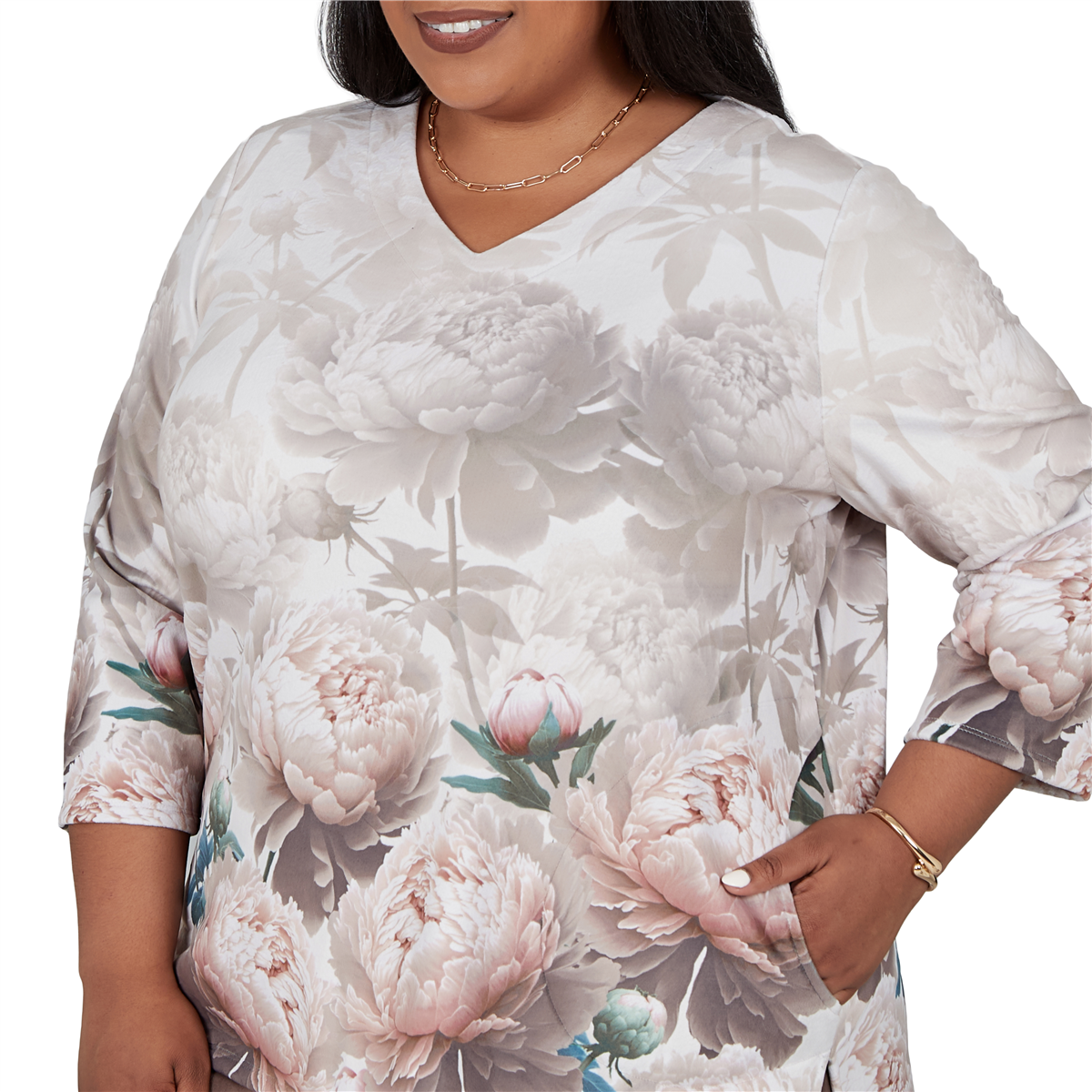 Plus Size Alfred Dunner Luxe Be A Lady V-Neck Peony Blouse