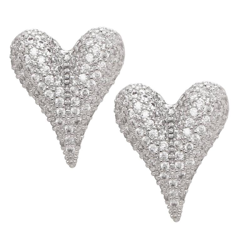Fine Silver Plated CZ Elongated Heart Stud Earrings