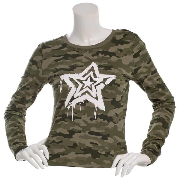 Juniors No Comment Long Sleeve Camo Star Tee - Green - image 