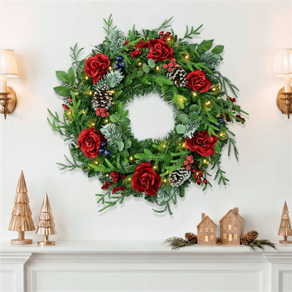 Puleo International 26in. Pre-Lit LED Rose Adorned Wreath