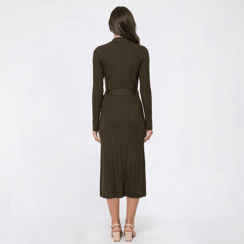 Womens Kathy Ireland Long Sleeve Solid Ribbed Self Belt Dress