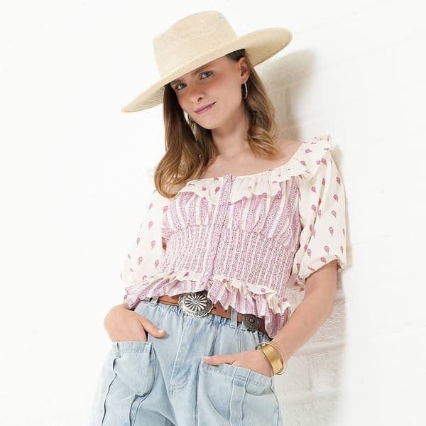 Womens MNK Puff Sleeve Boho Cropped Ruffle Blouse