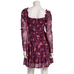 Juniors Jolt Long Sleeve Floral Smock Waist A-Line Dress