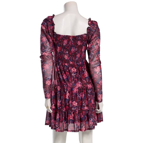 Juniors Jolt Long Sleeve Floral Smock Waist A-Line Dress