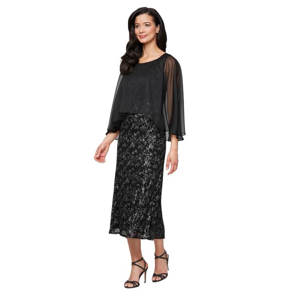 Womens SLNY Chiffon Overlay Leaf Sequin Midi Dress