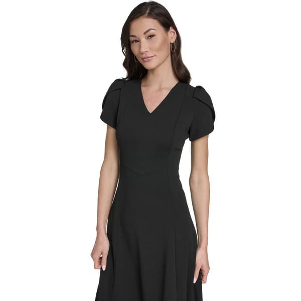 Womens Calvin Klein Puff Sleeve V Neck Crepe A-Line Midi Dress