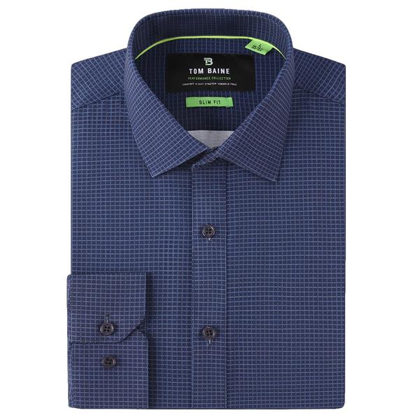 Mens Tom Baine Slim Fit Performance Navy Plaid Dress Shirt