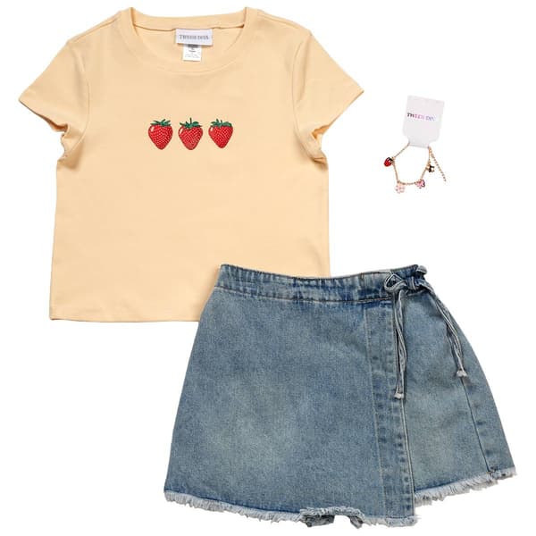 Girls (7-12) Tween Diva Strawberry Tee w/  Wrap Jean Short Set - image 