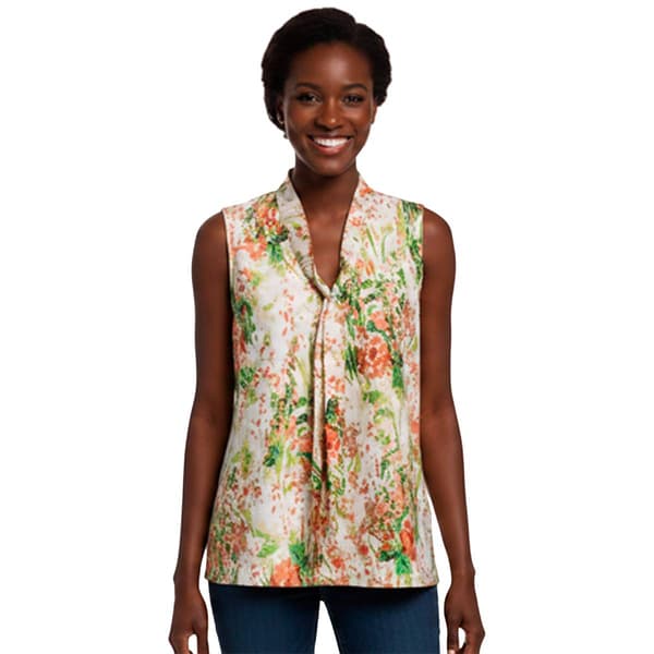 Petite Kasper Sleeveless Tie Neck Abstract Floral Blouse
