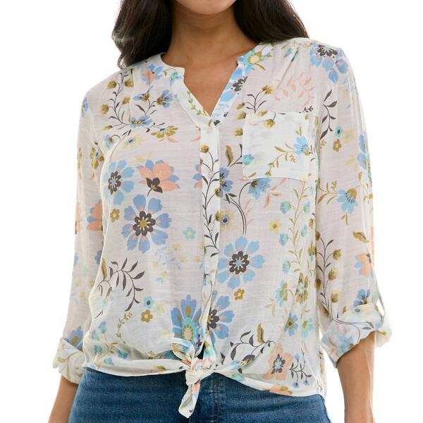 Petite Zac & Rachel 3/4 Sleeve Floral Slub Tie Front Button Down - image 