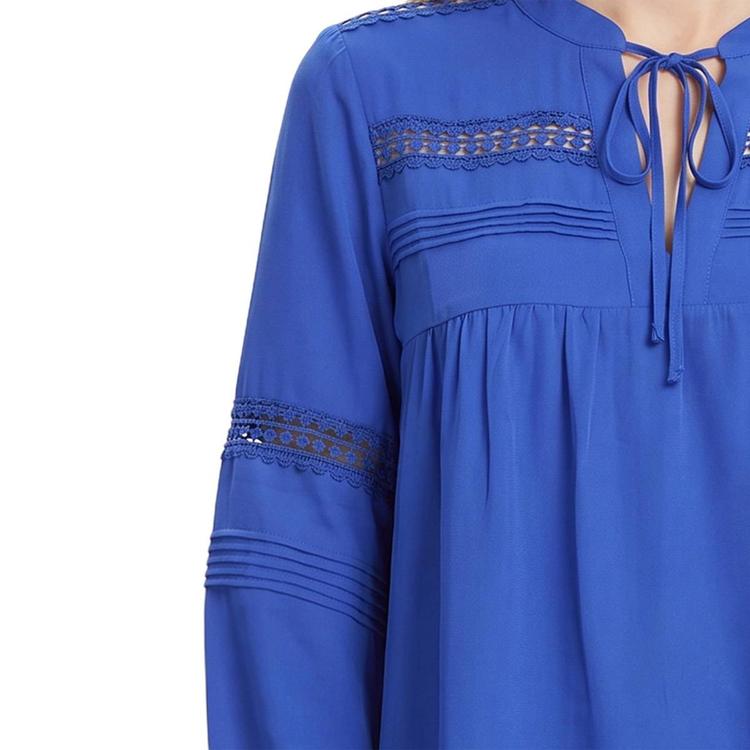 Womens NY Collection Long Sleeve Tie Neck Lace Inset Blouse