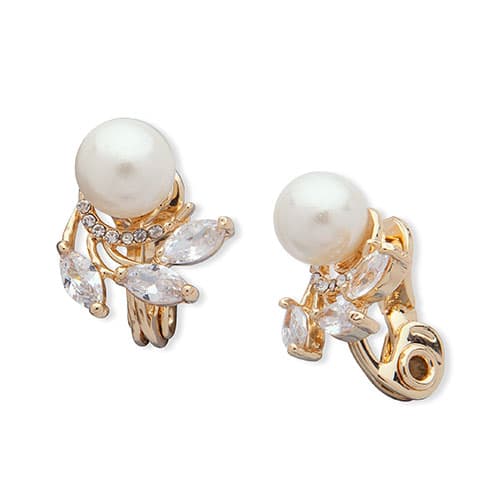 Anne Klein Pearl & Crystal Clip On Stud Earrings - image 