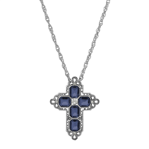 Symbols of Faith Pewter Rectangluar Crystal Cross Chain Necklace - image 