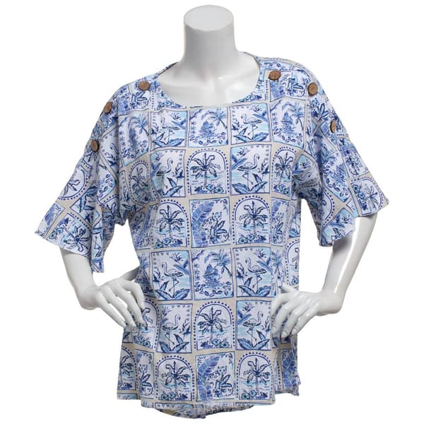 Plus Size Erika Jamie Coastal Postcard Shoulder Button Blouse - image 