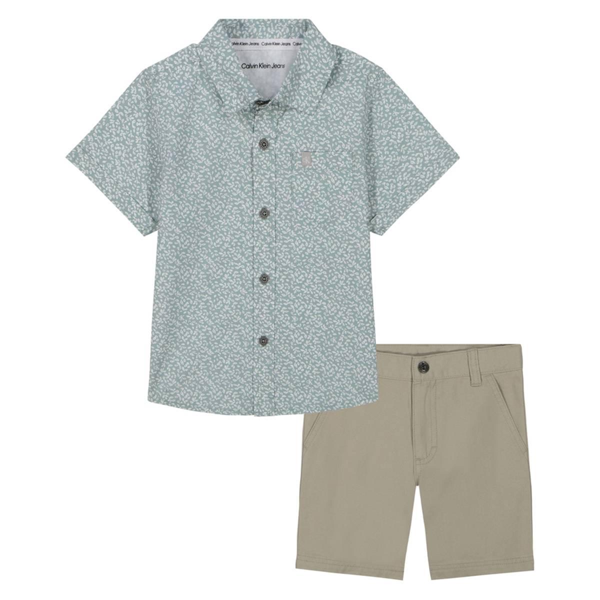 Toddler Boy Calvin Klein Leaf Button Down Top & Solid Shorts Set