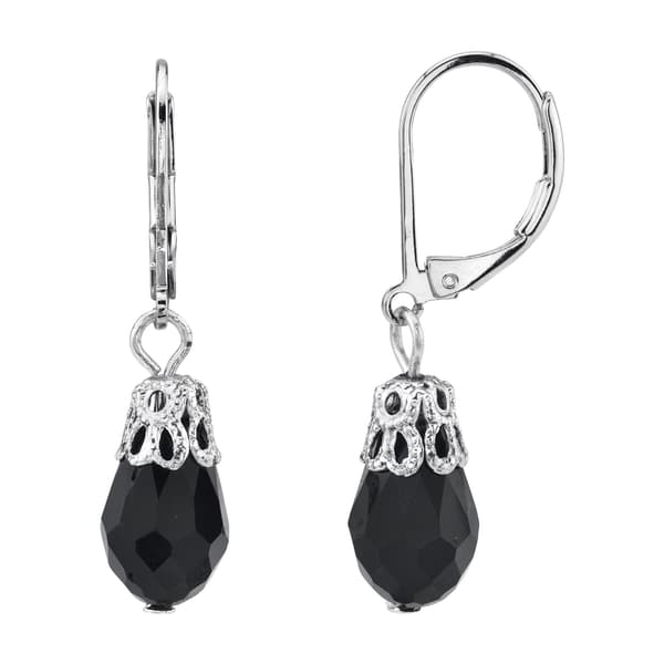 1928 Silver-Tone & Faceted Jet Drop Earrings - image 