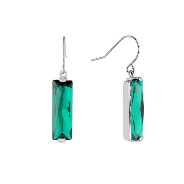 Silver Plated Dark Green Rectangle Shaped Crystal Drop Earrings - image 