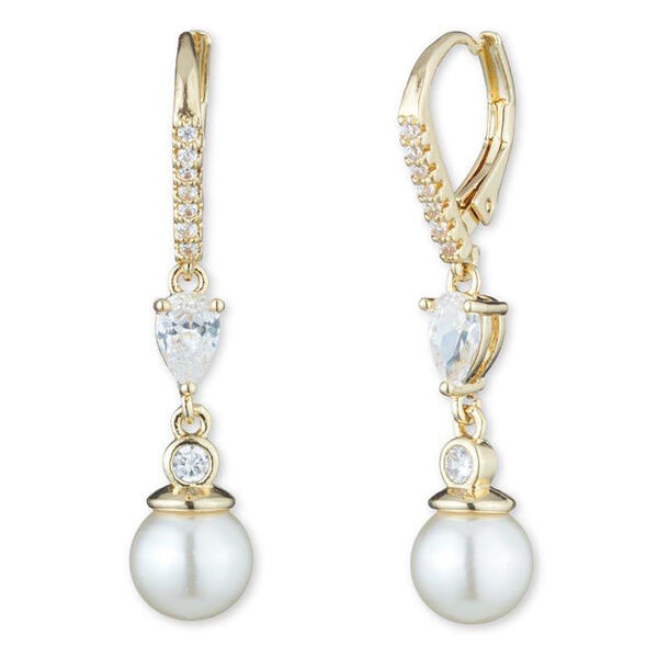 Anne Klein Gold-Tone Crystal & White Pearl Drop Earrings - image 