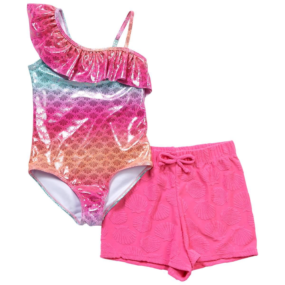 Girls (7-12) Bmagical Ombre Foil Seashell One Piece Swim Set