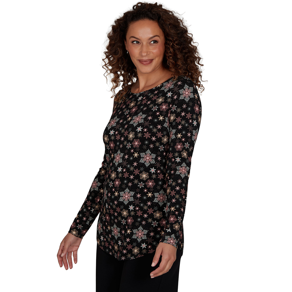 Womens Emaline Holiday Festivities Long Sleeve Snowflake Tee