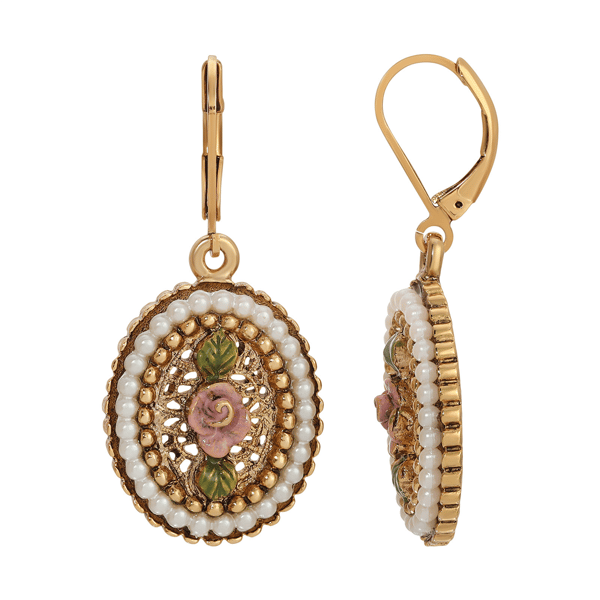 1928 Jewelry Faux Pearl Pink Rose Enamel Oval Earrings - image 
