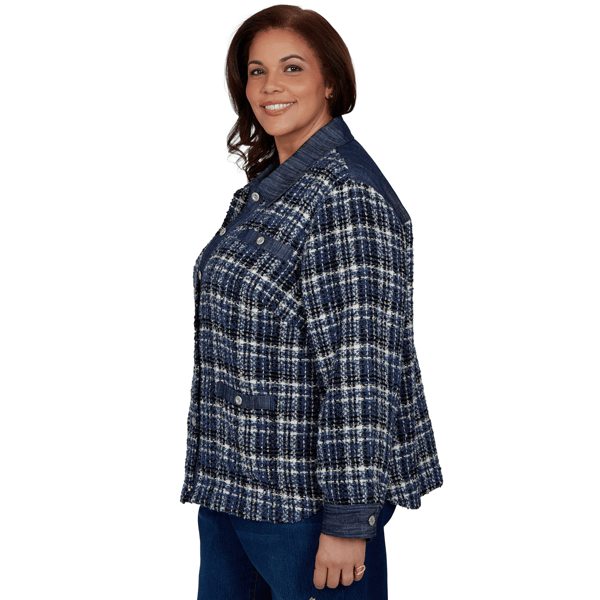 Plus Size Alfred Dunner Tuscany Denim Trim Plaid Eyelash Jacket