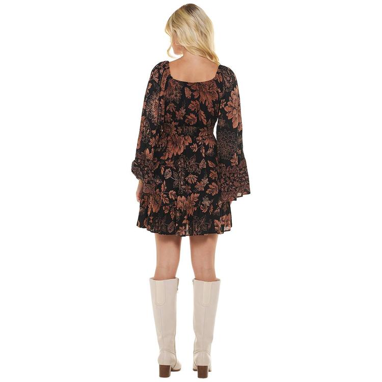 Juniors Angie Long Sleeve Floral Surplice Mini A-Line Dress