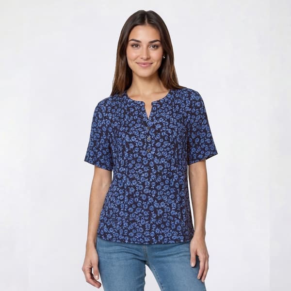 Womens Napa Valley Short Sleeve Pleated Floral Henley Blouse - image 