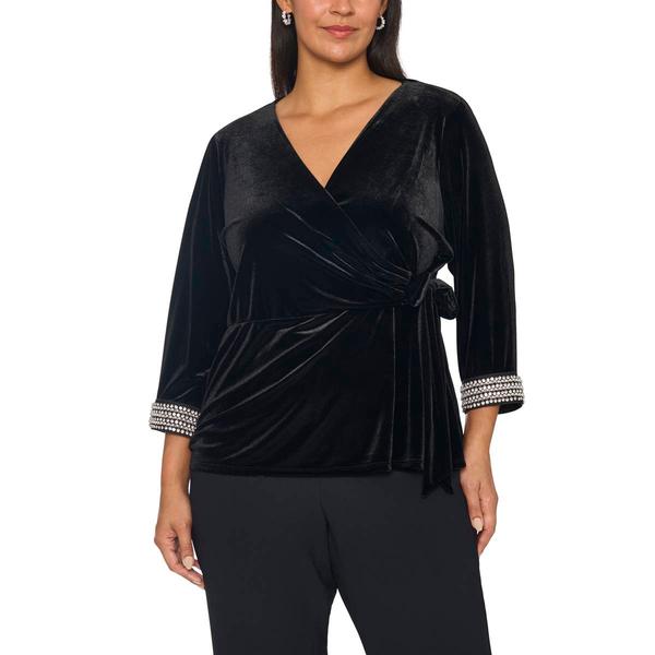 Plus MSK 3/4 Rhinestone Sleeve Velvet Faux Wrap Blouse