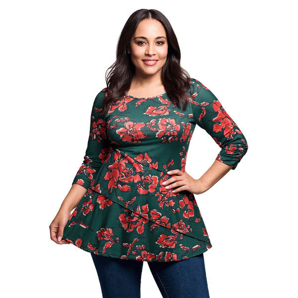 Plus Size 24/7 Comfort Apparel Green Floral 3/4 Sleeve Tunic Top