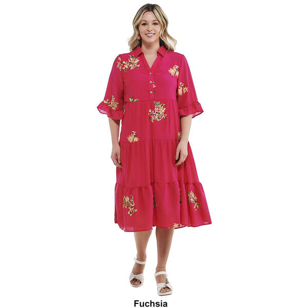 Womens Figueroa & Flower Elbow Sleeve Embroidered Tier Maxi Dress