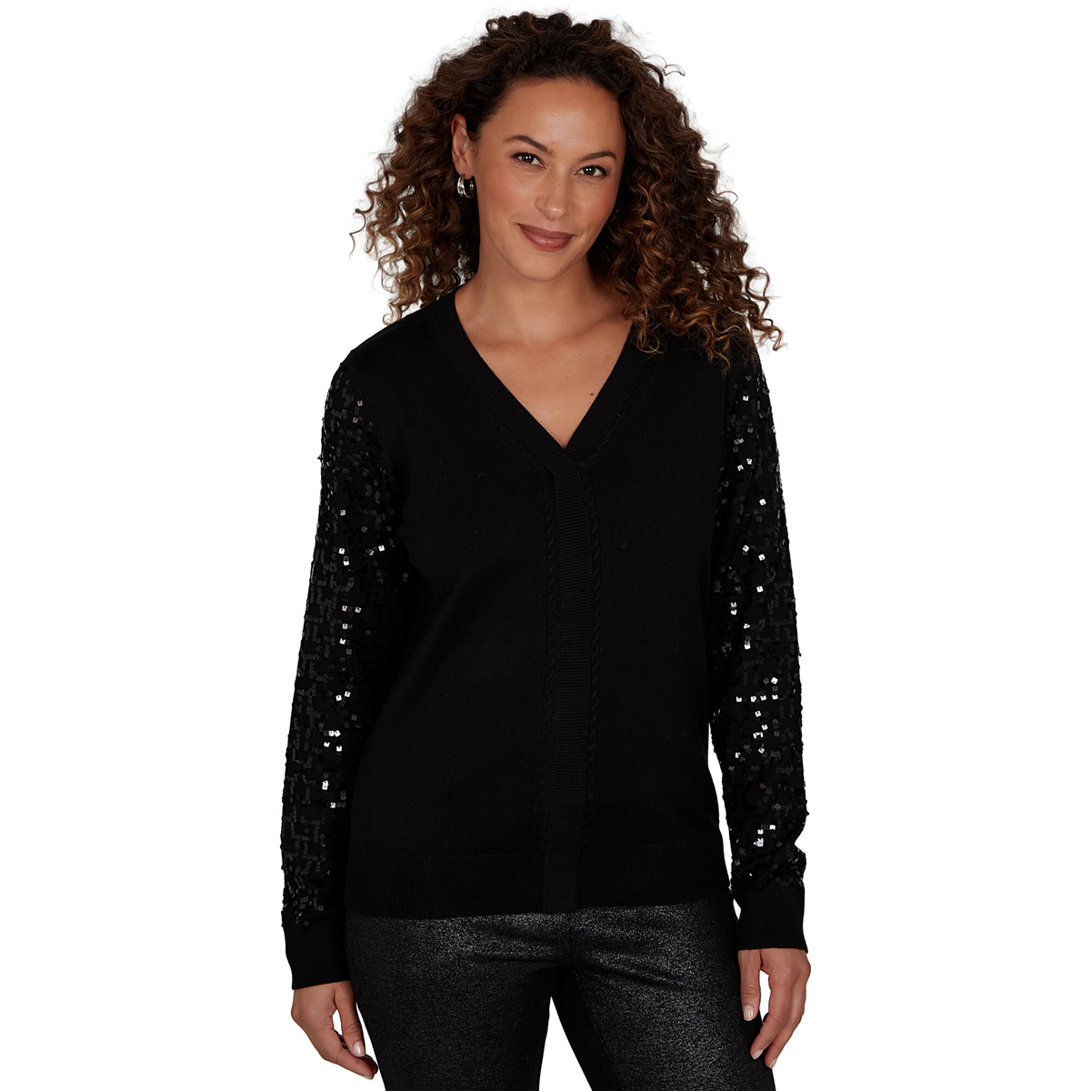 Womens Emaline Lavender Revelry Sequin Sleeve V-Neck Sweater