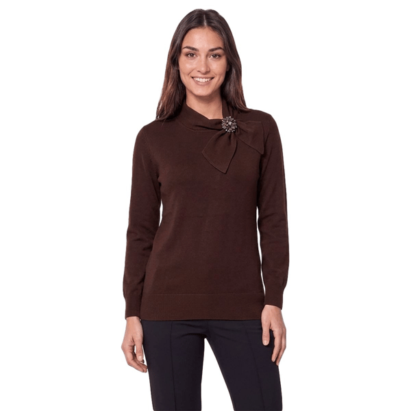 Petites Kasper Long Sleeve Mock Neck Tie Brooch Sweater